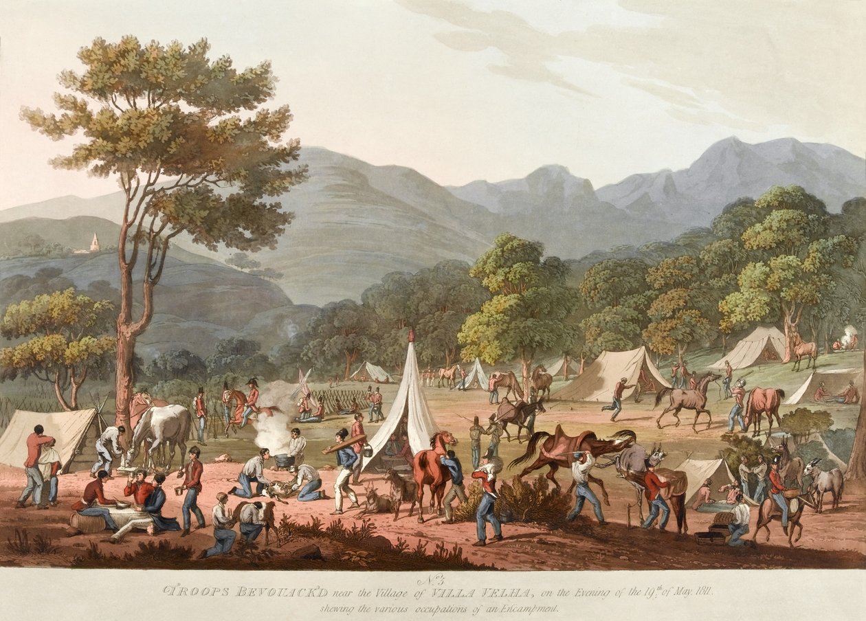 القوات Bevouack؟ d [كذا] بالقرب من قرية فيلا فيلها ، مساء يوم 19 مايو 1811 ، شوينج [كذا] المهن المختلفة لمخيم ، 1810-11 بواسطة توماس ستونتون سانت كلير