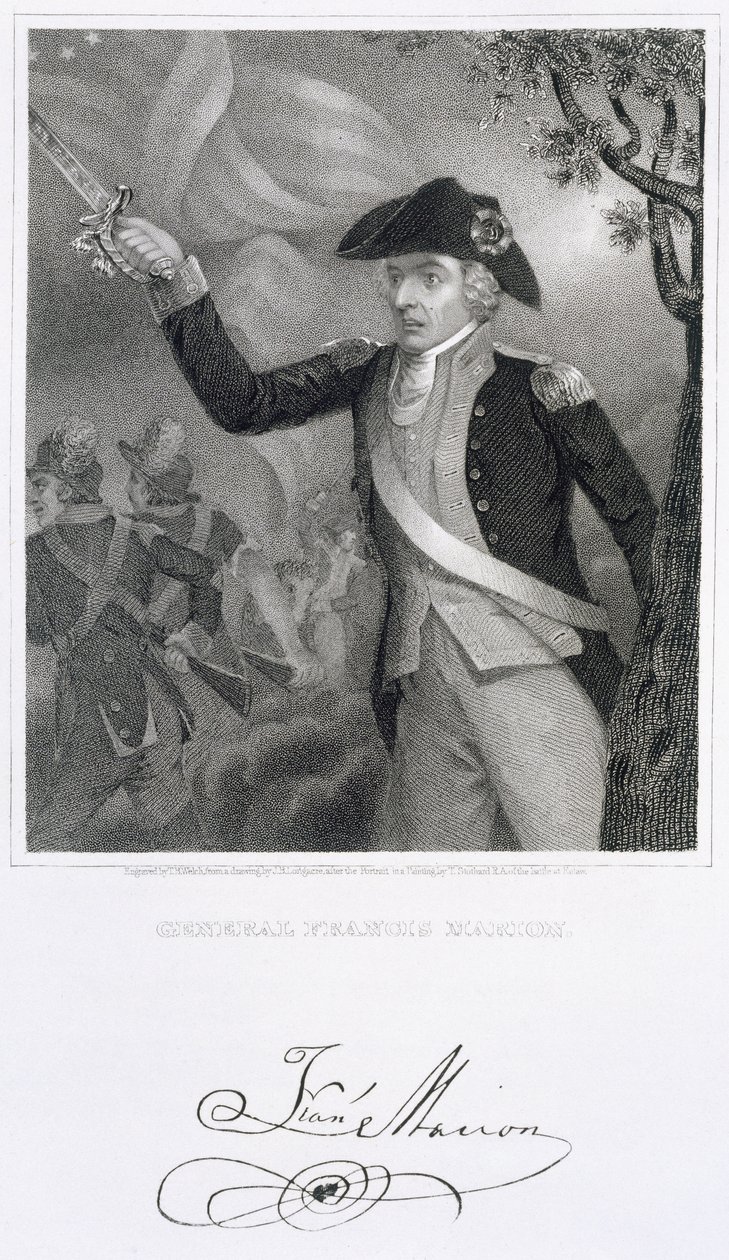صورة للجنرال فرانسيس ماريون في معركة إيتاو سبرينغز ، 1781 ، نقشها توماس ب. ويلش (1814-74) من رسم لجيمس بارتون لونجكر (1794-1869) بواسطة توماس ستوثارد