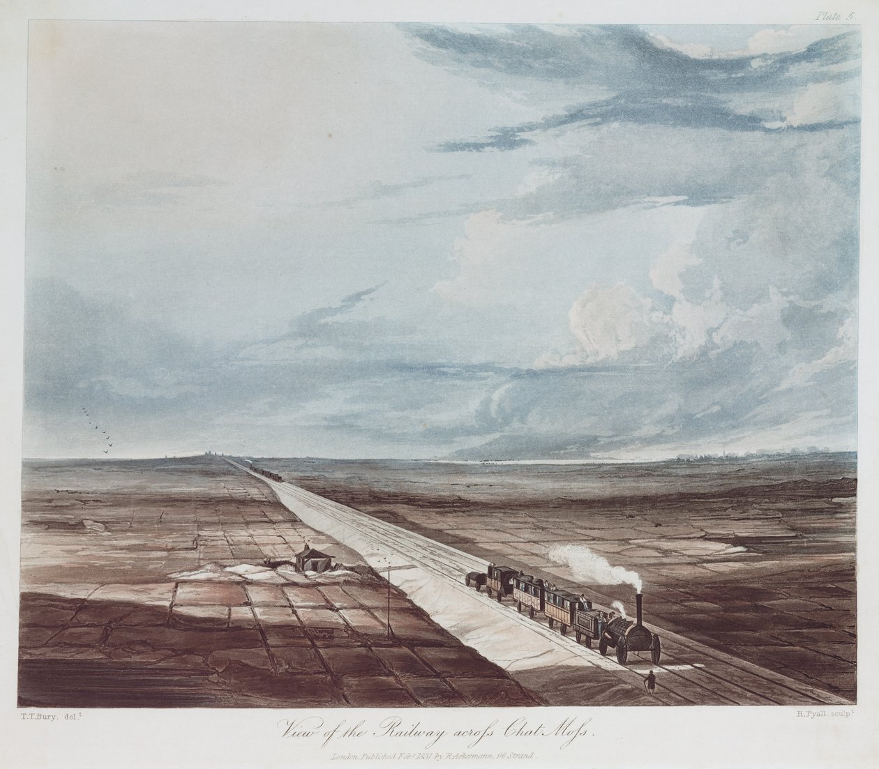 منظر للسكك الحديدية عبر Chat Moss ، محفور بواسطة Henry Pyall (1795-1833) 1831 (aqautint) بواسطة توماس تالبوت بعد دفن