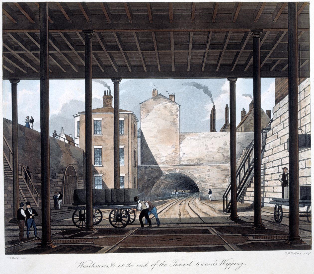 المستودعات والأشغال في نهاية النفق نحو الواب ، منقوش بواسطة SG Hughes ، 1831 (ألوان مائية يدوية) بواسطة توماس تالبوت بعد دفن