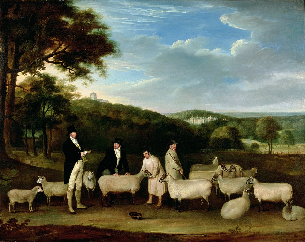 صورة توماس ويليام كوك ، Esq. (1752-1842) يتفقد بعض خرافه في جنوب داون مع السيد والتون ورعاة هولكام بواسطة توماس ويفر