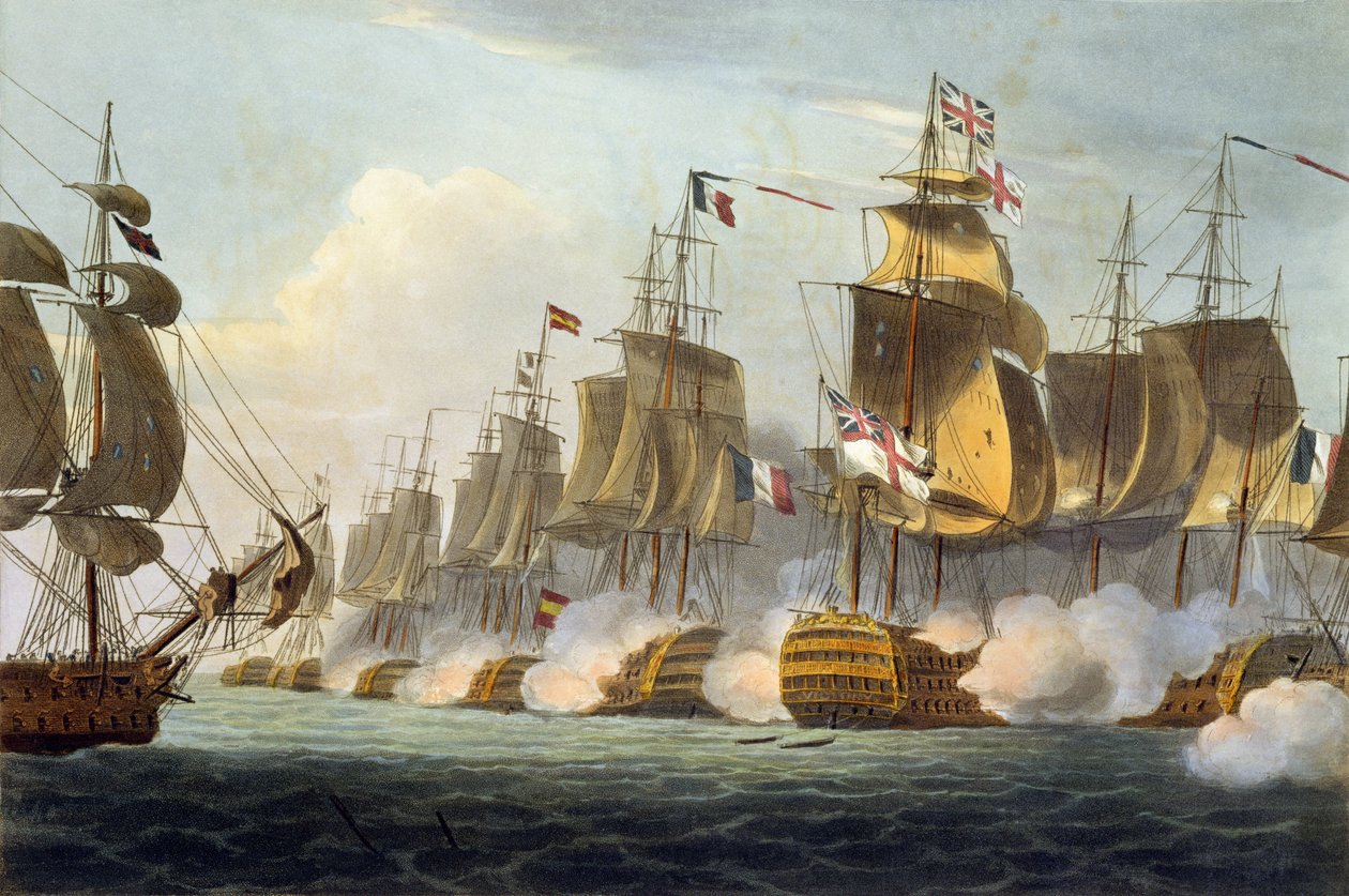 معركة ترافالغار ، 21 أكتوبر 1805 ، من "الإنجازات البحرية لبريطانيا العظمى" لجيمس جينكينز ، نقشها توماس ساذرلاند (BC1785) نشرت عام 1816 (ألوان مائية يدوية) بواسطة توماس ويتكومب