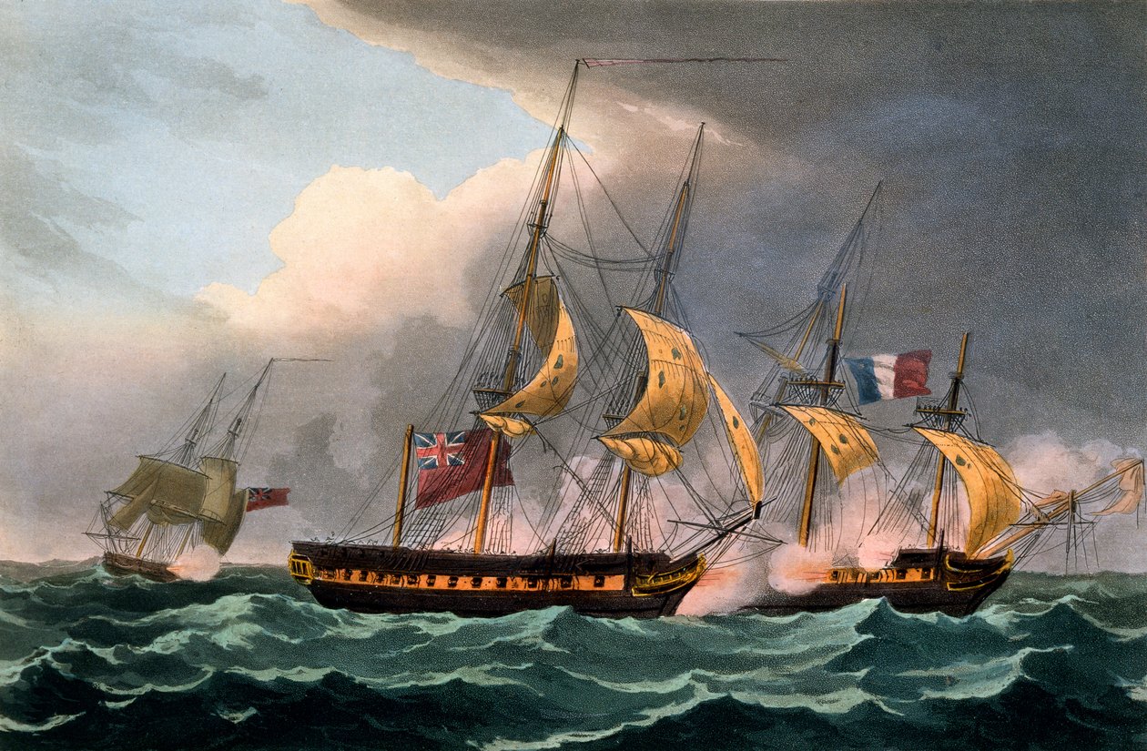 الاستيلاء على لا لوار ، 18 أكتوبر 1798 ، من "الإنجازات البحرية لبريطانيا العظمى" لجيمس جينكينز ، نقشها توماس ساذرلاند ، نُشر عام 1817 (ألوان مائية يدوية) بواسطة توماس ويتكومب