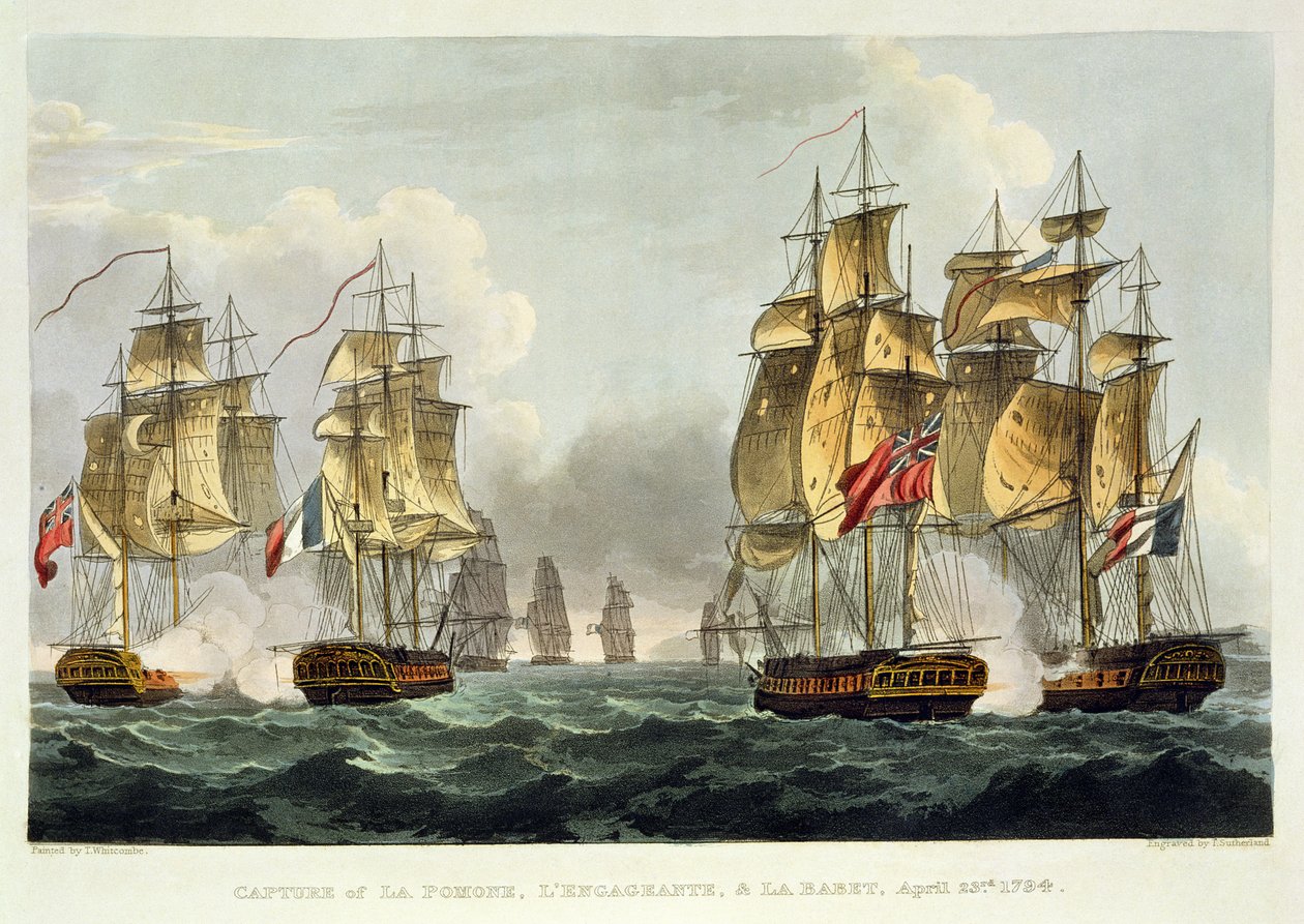 الاستيلاء على La Pomone ، L&39;Engageante and La Babet ، 23 أبريل 1794 ، نقشها توماس ساذرلاند من أجل الإنجازات البحرية لـ Jenkins ، 1816 (نقش الألوان) بواسطة توماس ويتكومب