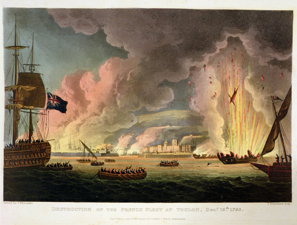 تدمير الأسطول الفرنسي في تولون ، 18 ديسمبر 1793 ، منقوش بواسطة توماس ساذرلاند من أجل الإنجازات البحرية لـ Jenkins ، 1816 (انظر أيضًا 286303) بواسطة توماس ويتكومب