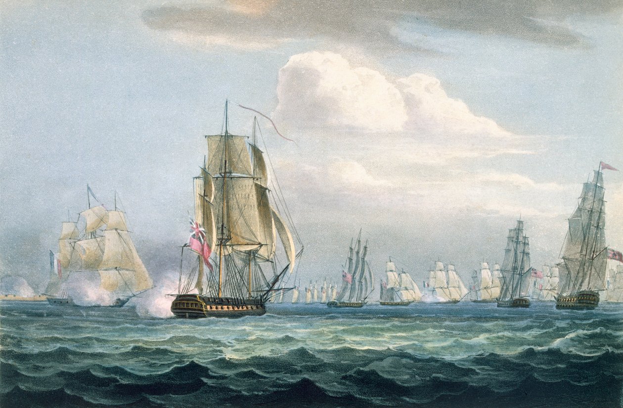 سرب السير سيدني سميث (1764-1840) الذي شارك في أسطول فرنسي ، 26 مايو 1804 ، نقشه T. Sutherland من أجل `` التسلسل الزمني البحري لبريطانيا العظمى &39;&39; بواسطة J. Ralfe ، نشر عام 1820 (نقش ملون بواسطة توماس ويتكومب