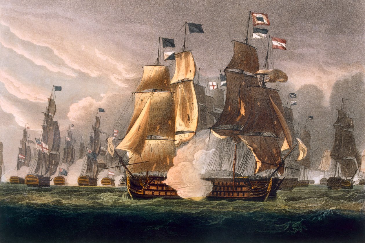 معركة كيب سانت فنسنت ، 14 فبراير 1797 ، نقشها جي بيلي من أجل "الإنجازات البحرية" لجينكينز ، 1816 (نقش الألوان) بواسطة توماس ويتكومب