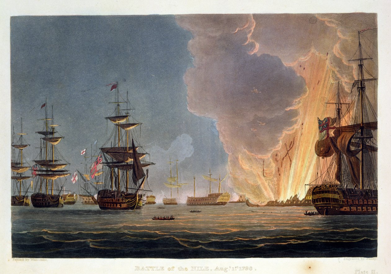 معركة النيل ، 1 أغسطس 1798 ، محفورة من قبل بيلي من أجل الإنجازات البحرية لـ Jenkins ، 1816 (نقش الألوان) بواسطة توماس ويتكومب