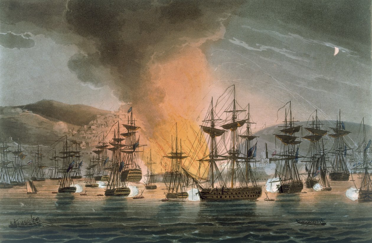 قصف الجزائر ، 27 أغسطس 1816 ، من "الإنجازات البحرية لبريطانيا العظمى" لجيمس جينكينز ، منقوش بواسطة توماس ساذرلاند (BC1785) ، نشر عام 1817 (ألوان مائية يدوية) بواسطة توماس ويتكومب