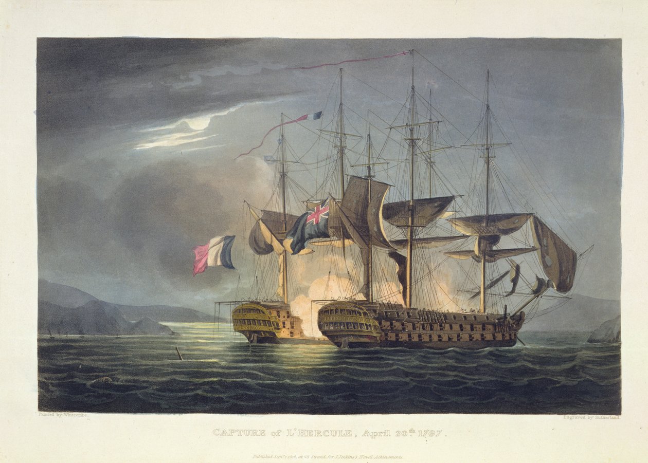 الاستيلاء على L&39;Hercule ، 20 أبريل 1797 ، نقشها توماس ساذرلاند لـ "الإنجازات البحرية" لـ Jenkins ، 1816 (نقش الألوان) بواسطة توماس ويتكومب