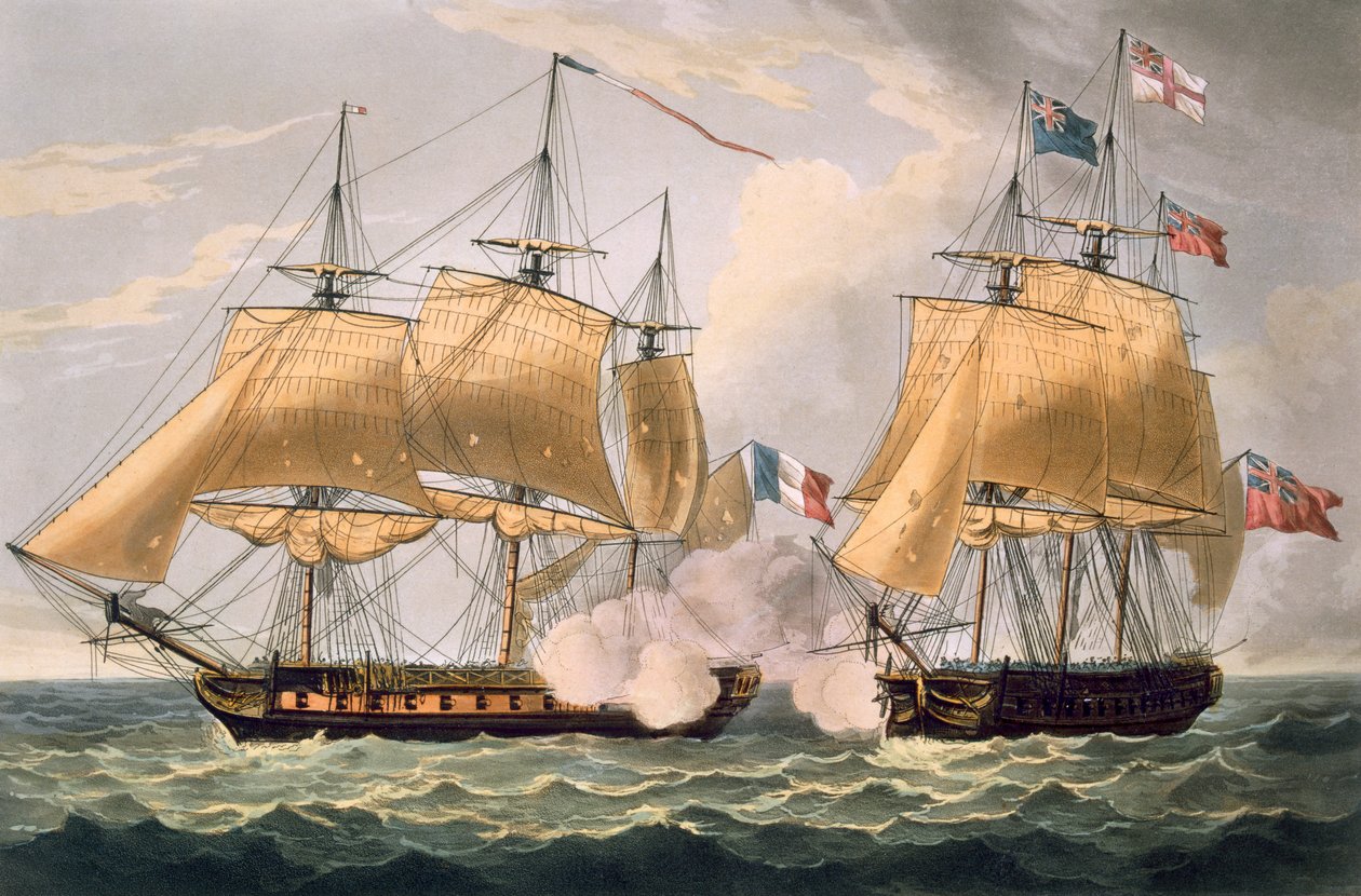 الاستيلاء على لا كلوريندي ، 26 فبراير 1814 ، منقوش بواسطة توماس ساذرلاند من أجل الإنجازات البحرية لـ Jenkins ، 1816 (نقش الألوان) بواسطة توماس ويتكومب