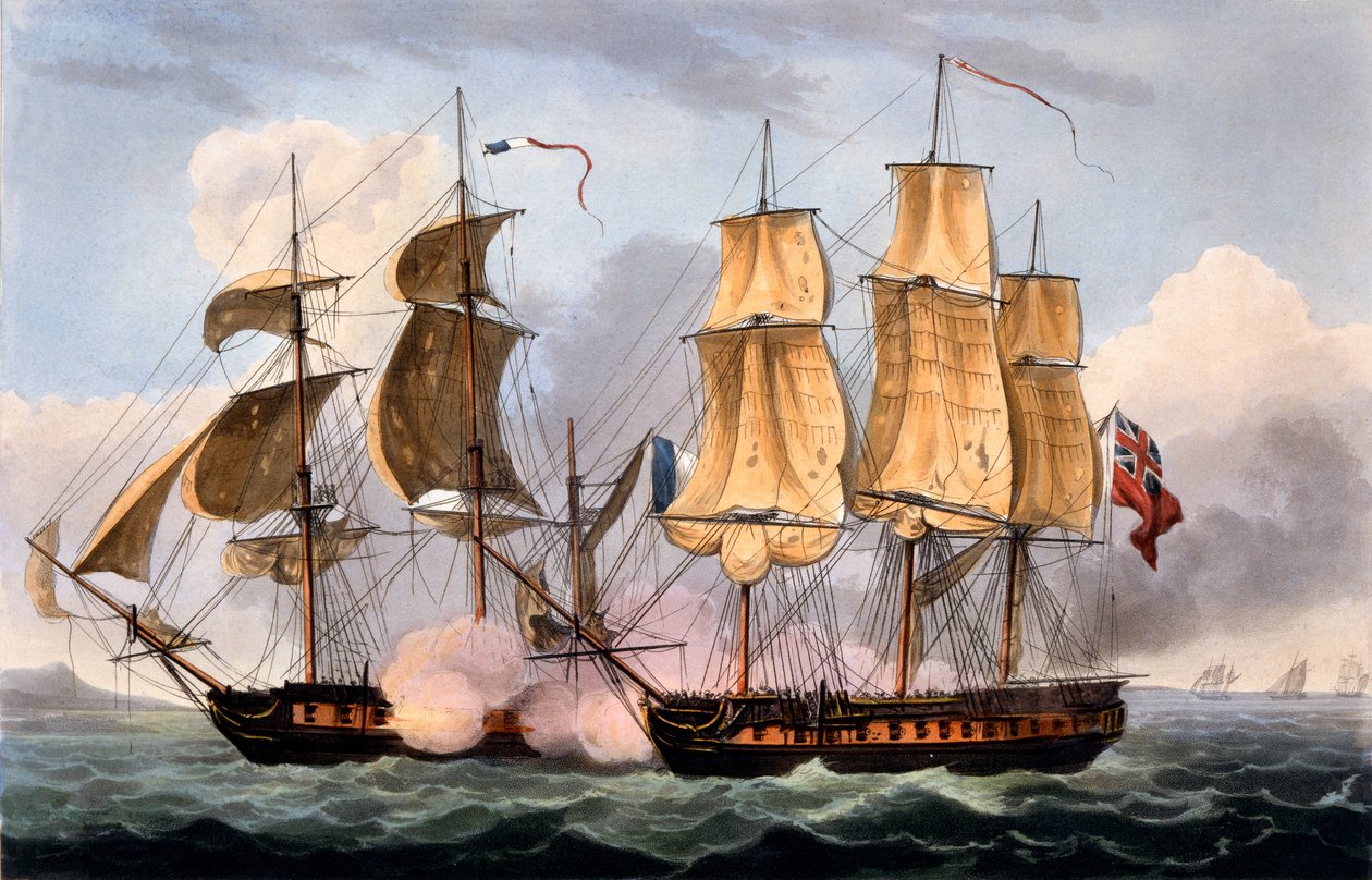 The Capture of La Confiante ، 31 مايو 1798 ، من "الإنجازات البحرية لبريطانيا العظمى" لجيمس جينكينز ، نقشها توماس ساذرلاند ، نُشر عام 1817 (ألوان مائية يدوية) بواسطة توماس ويتكومب