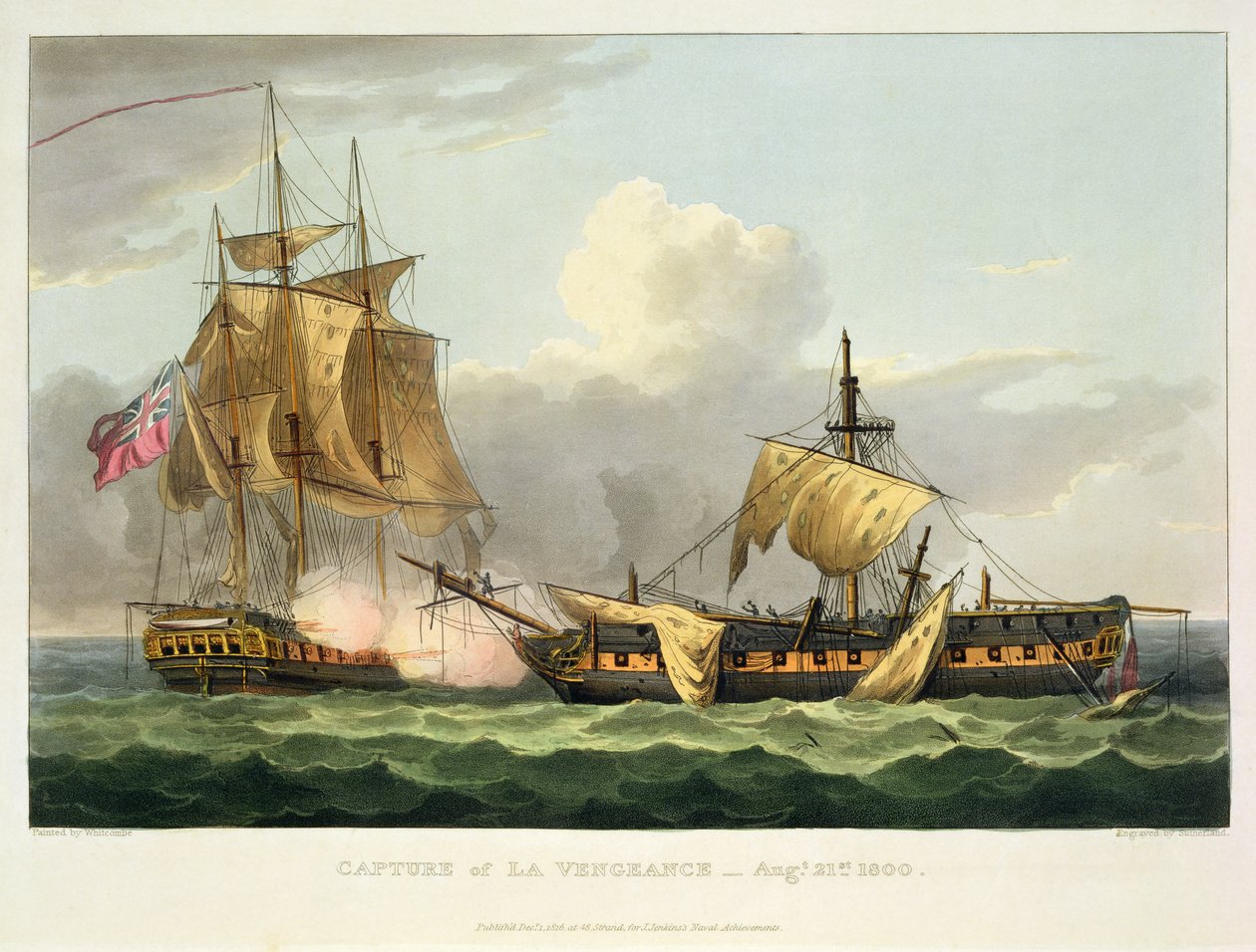 The Capture of La Vengeance ، 21 أغسطس 1800 ، منقوش بواسطة Thomas Sutherland لـ J. Jenkins&39;s Naval Achievements ، 1816 (نقش الألوان) بواسطة توماس ويتكومب