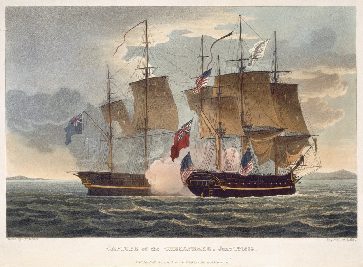 الاستيلاء على تشيسابيك ، 1 يونيو 1813 ، نقشها بيلي من أجل "الإنجازات البحرية" لـ Jenkins ، 1816 (نقش الألوان) بواسطة توماس ويتكومب