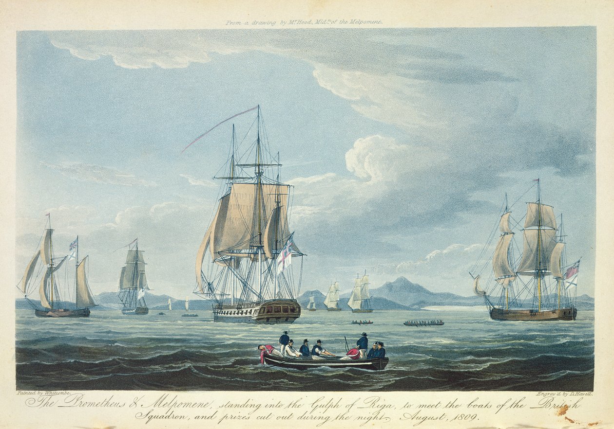 بروميثيوس و Melpomene في خليج ريغا لمقابلة السرب البريطاني ، أغسطس 1809 ، نقشها د. هافيل من أجل "التسلسل الزمني لبريطانيا العظمى" بقلم ج. رالف ، نُشر عام 1820 (ملون بواسطة توماس ويتكومب