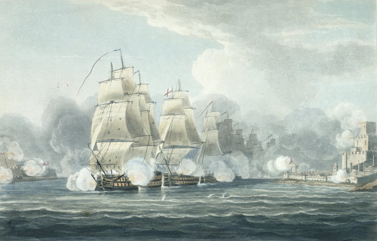 السرب تحت قيادة السير FT Duckworth مما أجبر قناة Dardanelles الضيقة ، 19 فبراير 1807 ، نقشها T. Sutherland من أجل `` التسلسل الزمني للبحرية العظمى لبريطانيا &39;&39; بقلم J. Ralfe ، publi بواسطة توماس ويتكومب