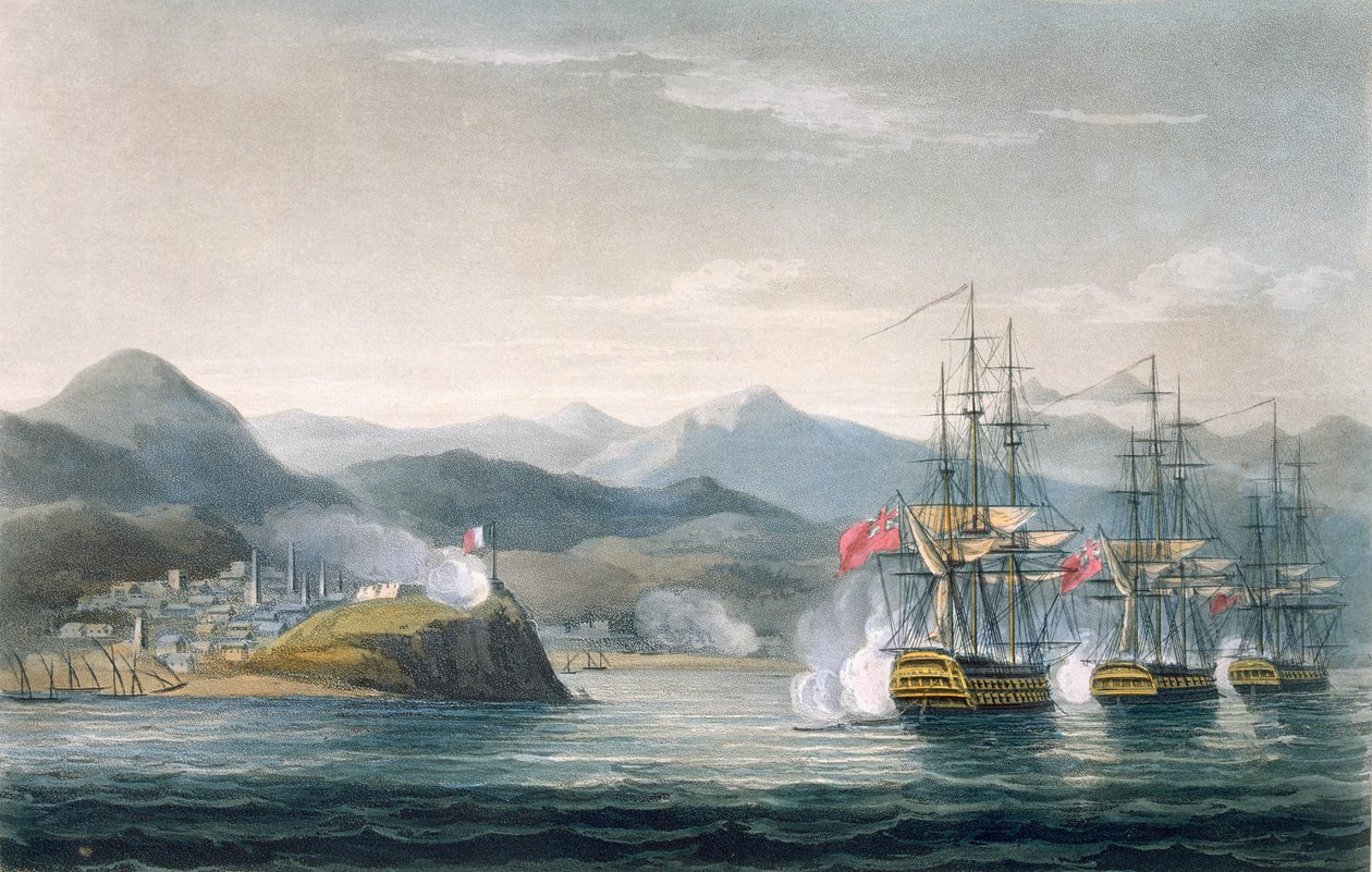 السرب تحت قيادة السير ج.بريسبان يهاجم فورت موريجيو ، في 12 أبريل 1814 ، منقوش بواسطة T. Sutherland من أجل `` التسلسل الزمني البحري لبريطانيا العظمى &39;&39; بواسطة J. Ralfe ، نشر عام 1820 (كولو بواسطة توماس ويتكومب