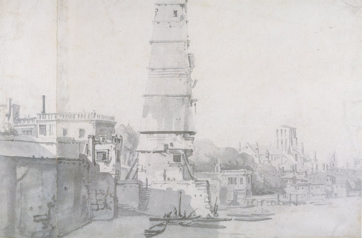 منظر ل Waterhouse و Old St Paul&39;s ، لندن ، c.1663 (اغسل وغرافيت على ورق) بواسطة توماس ويك
