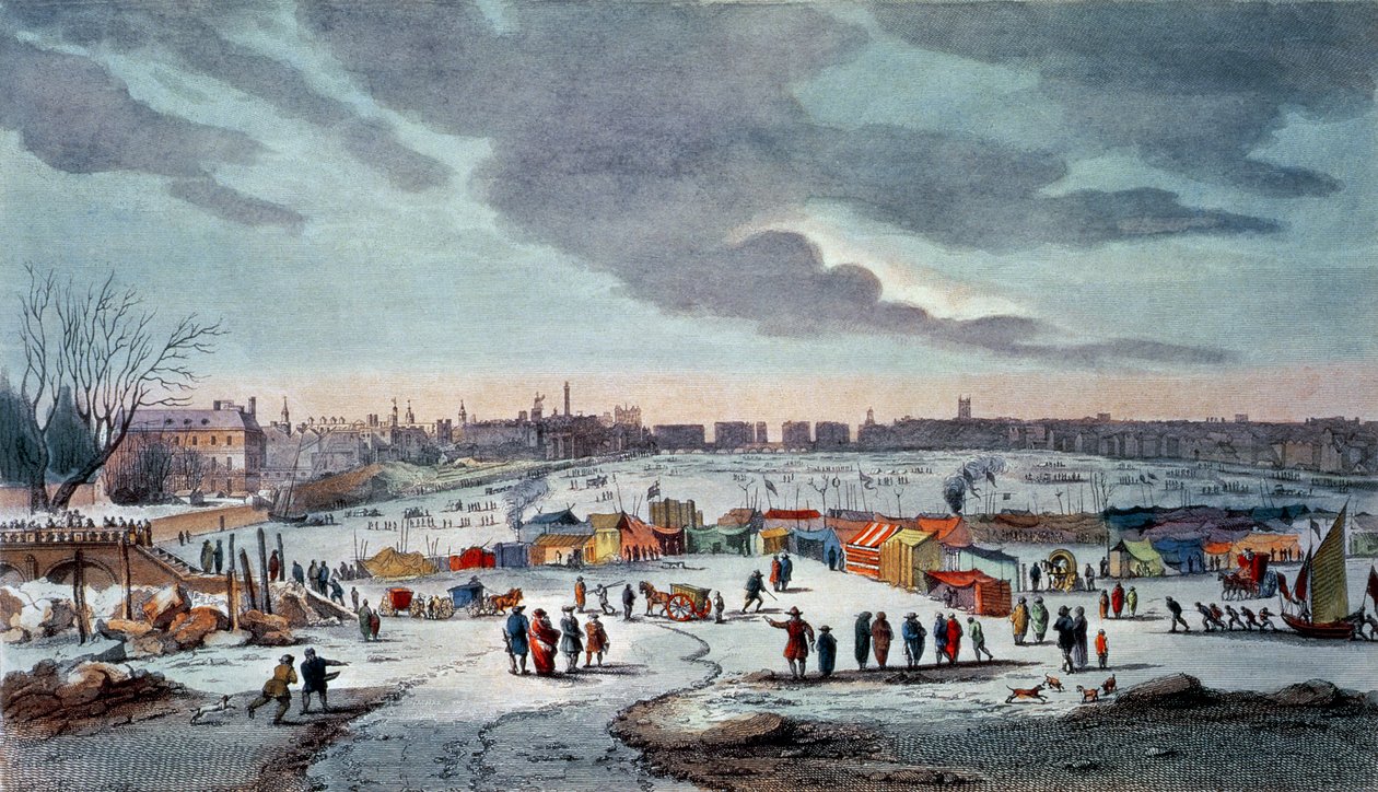 معرض الصقيع على نهر التايمز بالقرب من سلالم المعبد في 1683-84 ، منقوش بواسطة جيمس ستو (1770-ج 1820) ، حانة. 1825 بواسطة روبرت ويلكنسون (طباعة ملونة) بواسطة توماس ويك