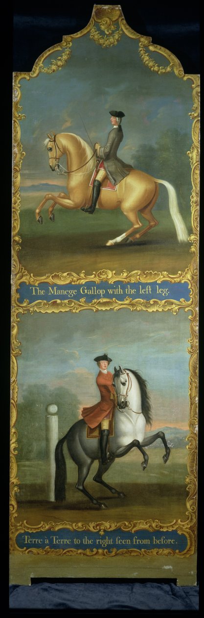 `` The Manege Gallop or Carriere &39;&39; (أعلى) و "Terre a Terre إلى اليمين ينظر إليها من قبل" (أسفل) ، ج .1750 بواسطة توماس ، من Pall Mall Butler