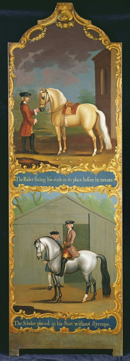 `` The Rider Fixing Curb في مكانه قبل أن يتصاعد &39;&39; (أعلى) و `` الباحث الذي يجلس في مقعده بدون Styrrops &39;&39; (الجزء السفلي) ، c.1750 بواسطة توماس ، من Pall Mall Butler