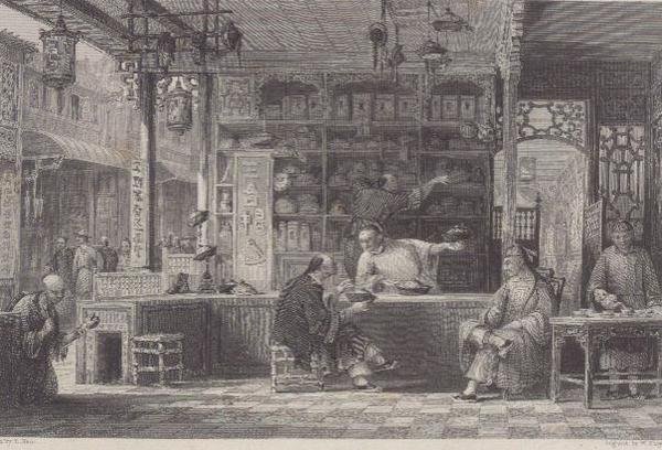 متجر Cap Vendor's ، كانتون ، من "الصين في سلسلة من المناظر" لجورج نيوينهام رايت (1790-1877) 1843 (نقش) بواسطة توماس (بعد) ألوم