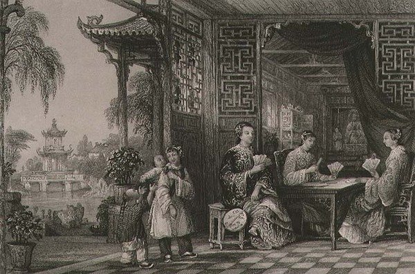 سيدات عائلة الماندرين في البطاقات ، من "الصين في سلسلة من المناظر" لجورج نيوينهام رايت (1790-1877) 1843 (نقش) بواسطة توماس (بعد) ألوم