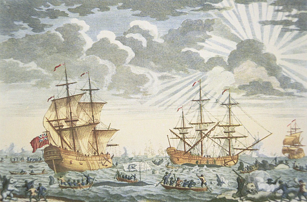The Greenland or Whale Fishery, engraved by E. Kirkall, c.1720 (colour litho) بواسطة توماس (بعد) باستون