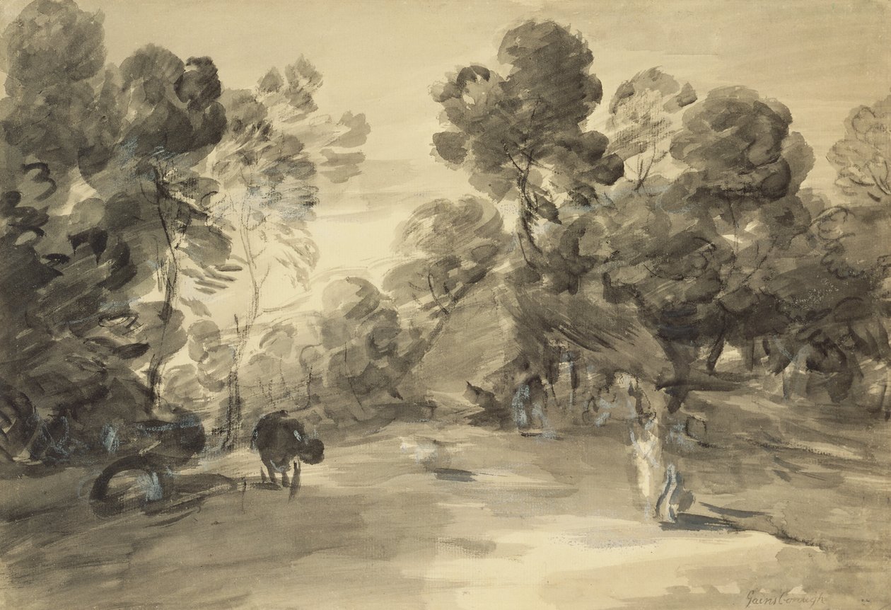 المناظر الطبيعية المشجرة مع الأشكال ، كوخ وبقرة ، حوالي عام 1785 (غسل وطباشير مع الغواش على الورق) بواسطة توماس (بعد) جينزبورو