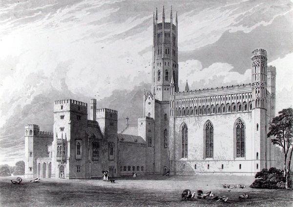 Fonthill Abbey من الجنوب الشرقي ، من "الرسوم التوضيحية الرسومية والأدبية من Fonthill Abbey" بقلم جون بريتون ، رسمها S.Rayner ونقشها W. Tombleson بواسطة توماس (بعد) هيغام