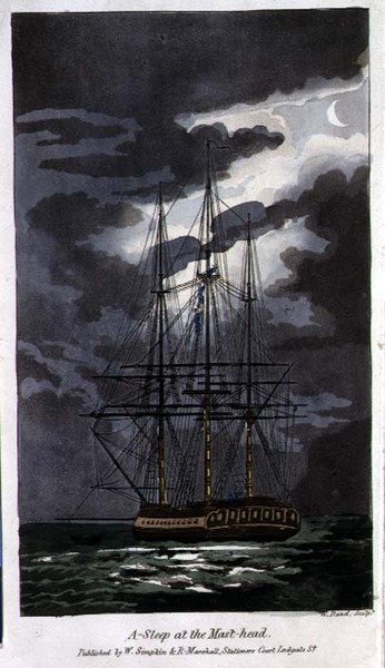 نائم عند رأس الصاري ، لوحة من "مغامرات جوني نيوكوم في البحرية" لجون ميتفورد (1782-1831) نقشها و. ريد بواسطة توماس (بعد) رولاندسون