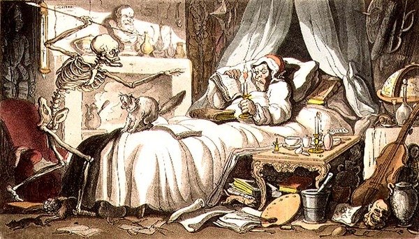 "الفطريات ، بإسهاب ، تبتكر لإدخال / Death's Dart إلى مجلس الوزراء" ، من حانة "English Dance of Death". بواسطة رودولف أكرمان (1764-1834) 1814 (أكواتينت) بواسطة توماس (بعد) رولاندسون