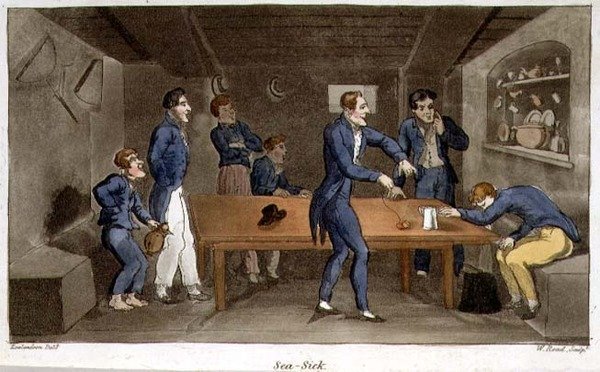 مريض البحر ، لوحة من "مغامرات جوني نيوكوم في البحرية" بقلم جون ميتفورد (1782-1831) نقشها و. ريد بواسطة توماس (بعد) رولاندسون