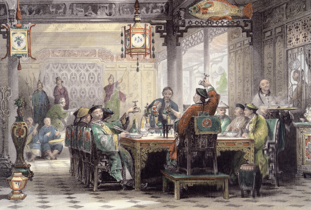 حفل عشاء في منزل ماندارين ، من "الصين في سلسلة من المشاهدات" لجورج نيوينهام رايت (c.1790-1877) منقوش بواسطة ج. باترسون ، 1843 بواسطة توماس ألوم