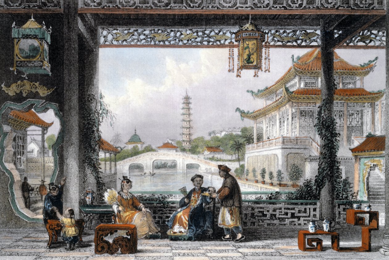 "Pavilion and Gardens of a Mandarin near Peking" ، الصين ، ١٨٤٣ بواسطة توماس ألوم