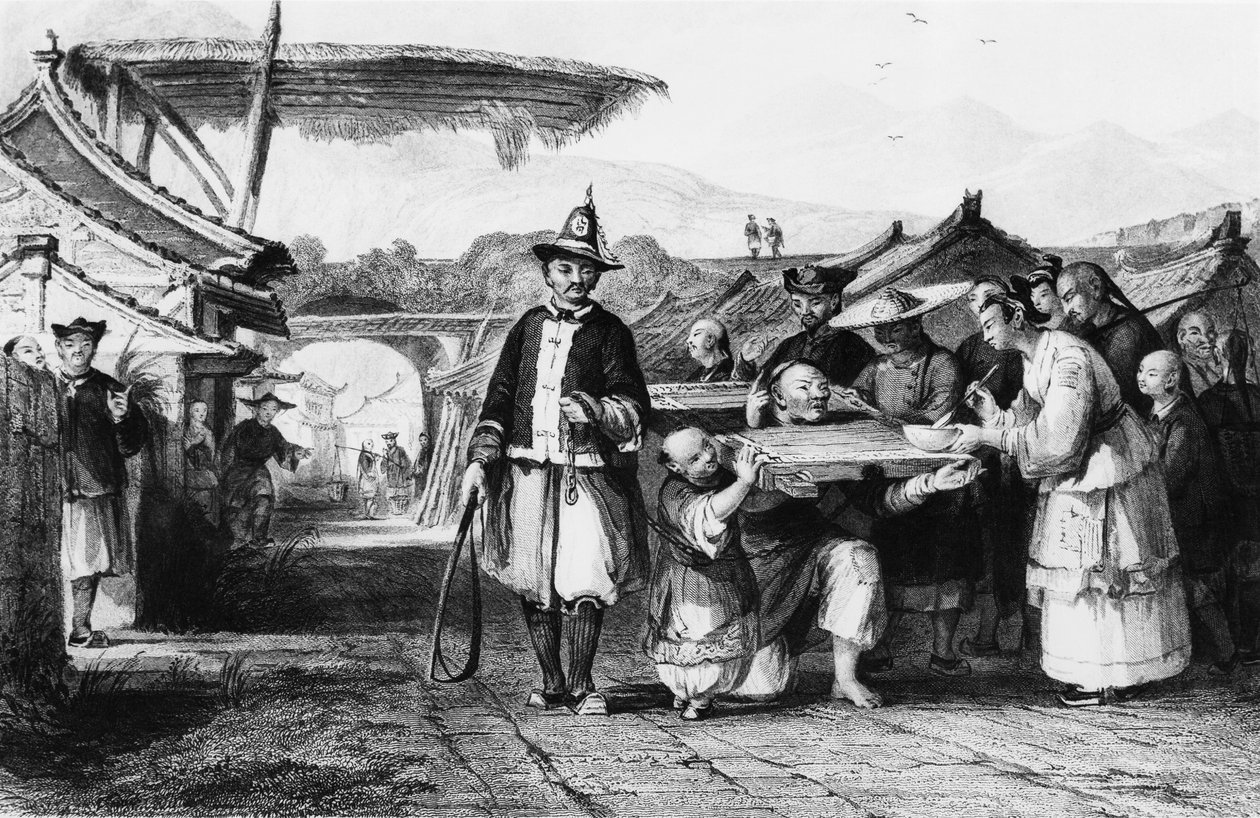 العقاب باستخدام tcha أو cangue (نير خشبي أو مخدر) ، نقش بواسطة Thomas Allom (1804-1872) من الإمبراطورية الصينية بواسطة توماس ألوم