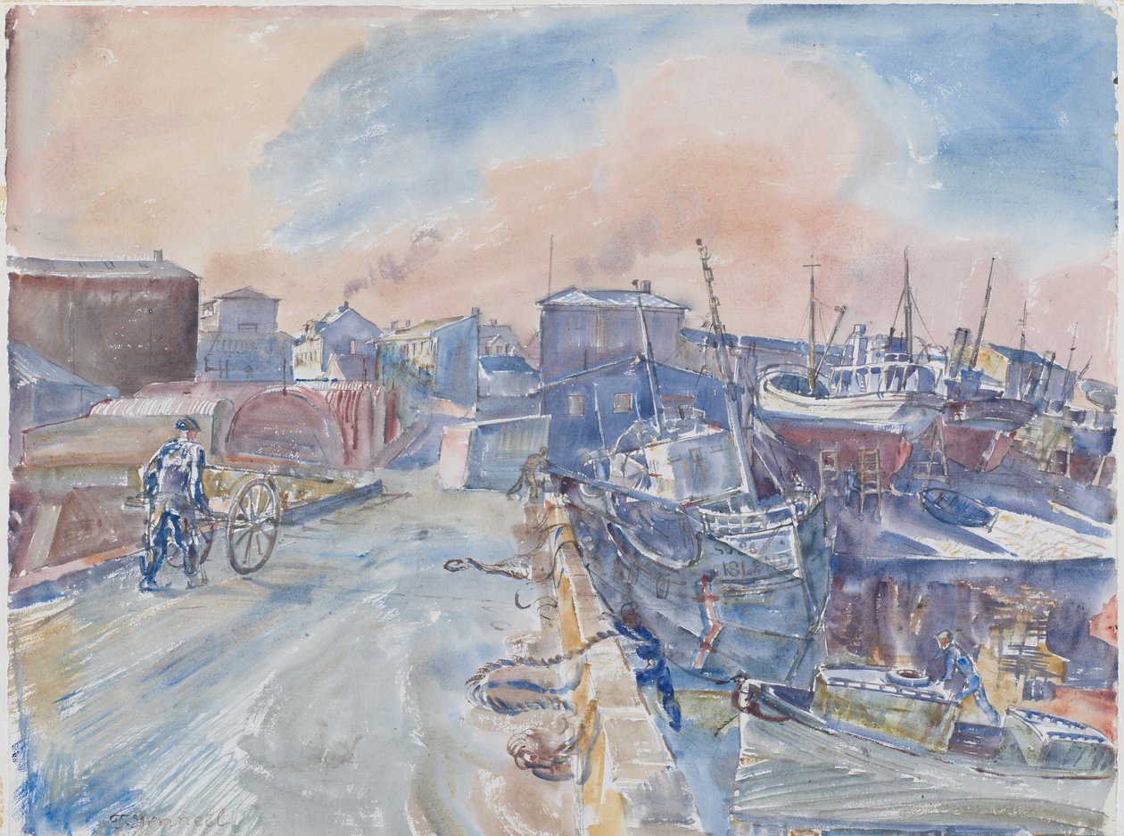 ريكيافيك من الرصيف الرئيسي ، Frosty Morning ، أيسلندا ، حوالي عام 1930 (ألوان مائية وقلم رصاص على ورق) بواسطة توماس باركلي هينيل
