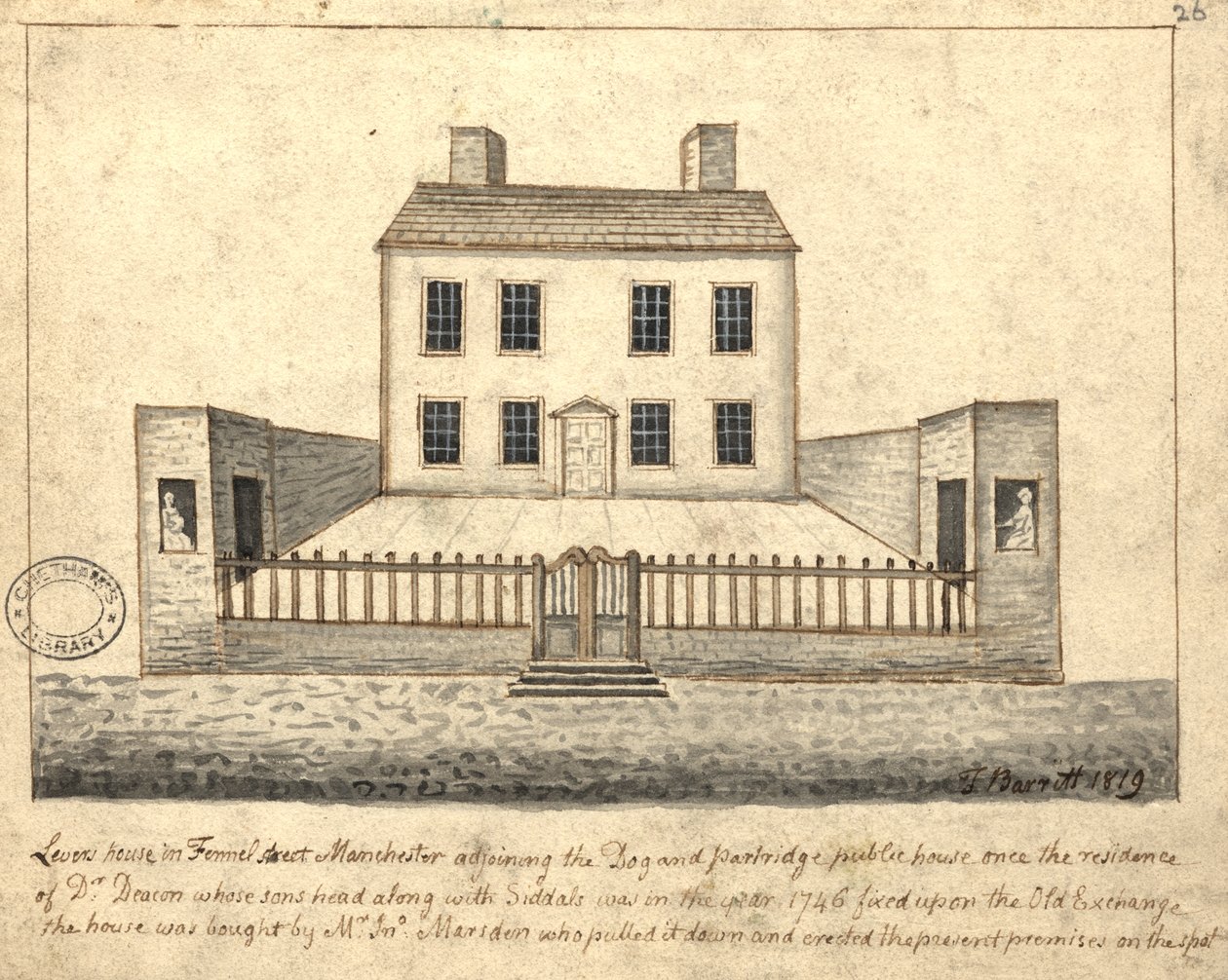 Levers House ، مانشستر ، 1819 (قلم وحبر وغسل على ورق) بواسطة توماس باريت
