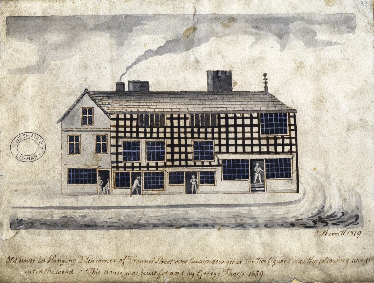 البيت القديم على الخندق المعلق ، مانشستر ، 1819 (قلم وحبر وغسل على ورق) بواسطة توماس باريت