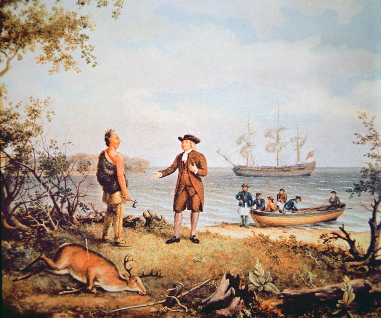 William Penn arrives in America for the first time and meets a Native American in 1682 (oil on canvas) بواسطة توماس بيرش