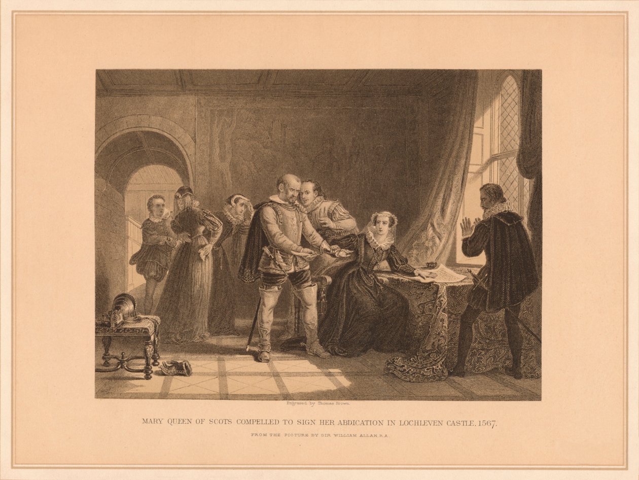 اضطرت ماري ملكة الاسكتلنديين إلى التوقيع على التنازل عنها في قلعة لوخليفين ، 1567 ، 1878 بواسطة توماس براون