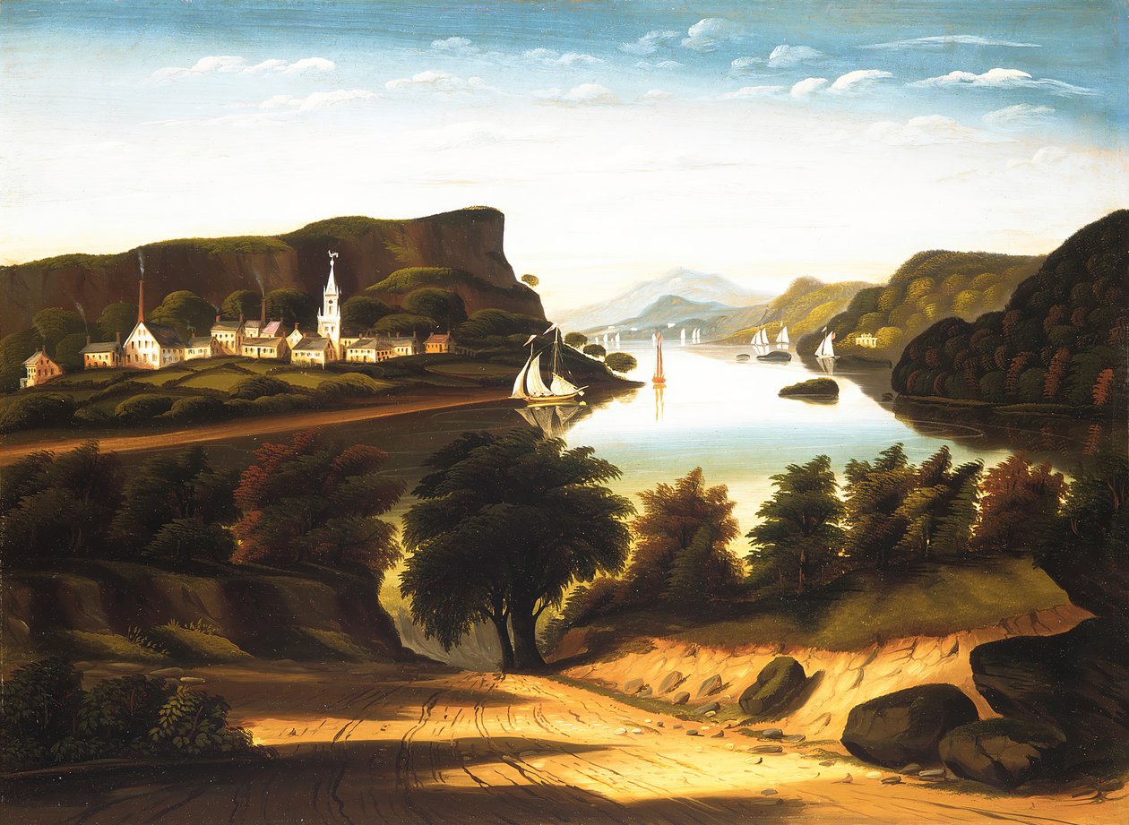بحيرة جورج وقرية كالدويل ، كاليفورنيا. 1850s. بواسطة توماس تشامبرز