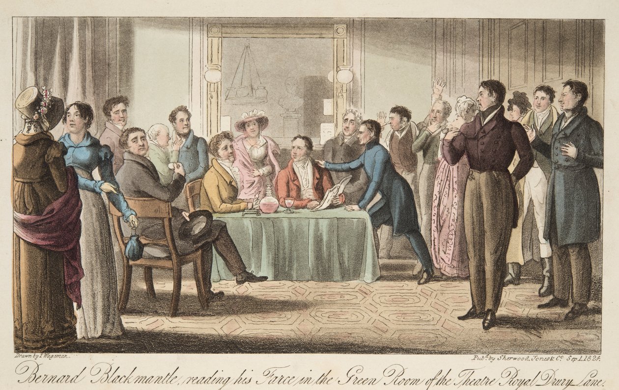 برنارد بلاكمانتل يقرأ مهزلة في الغرفة الخضراء لمسرح كوفنت جاردن ، من The English Spy ، حانة. 1824 (نقش يدوي) بواسطة توماس تشارلز واجيمان