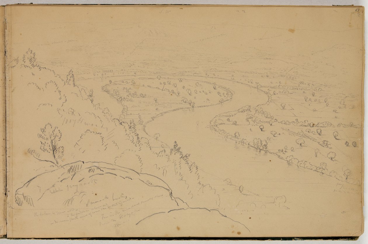 بانوراما Oxbow على نهر كونيتيكت كما تُرى من جبل هوليوك ، حوالي عام 1832 (قلم رصاص على ورق) بواسطة توماس كول