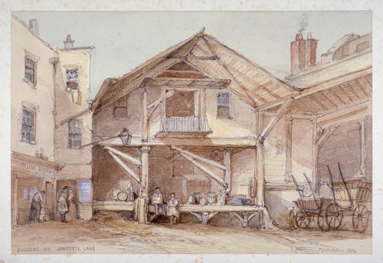 Blossoms Inn، Lawrence Lane، City of London، 1854. بواسطة توماس كولمان ديبدين
