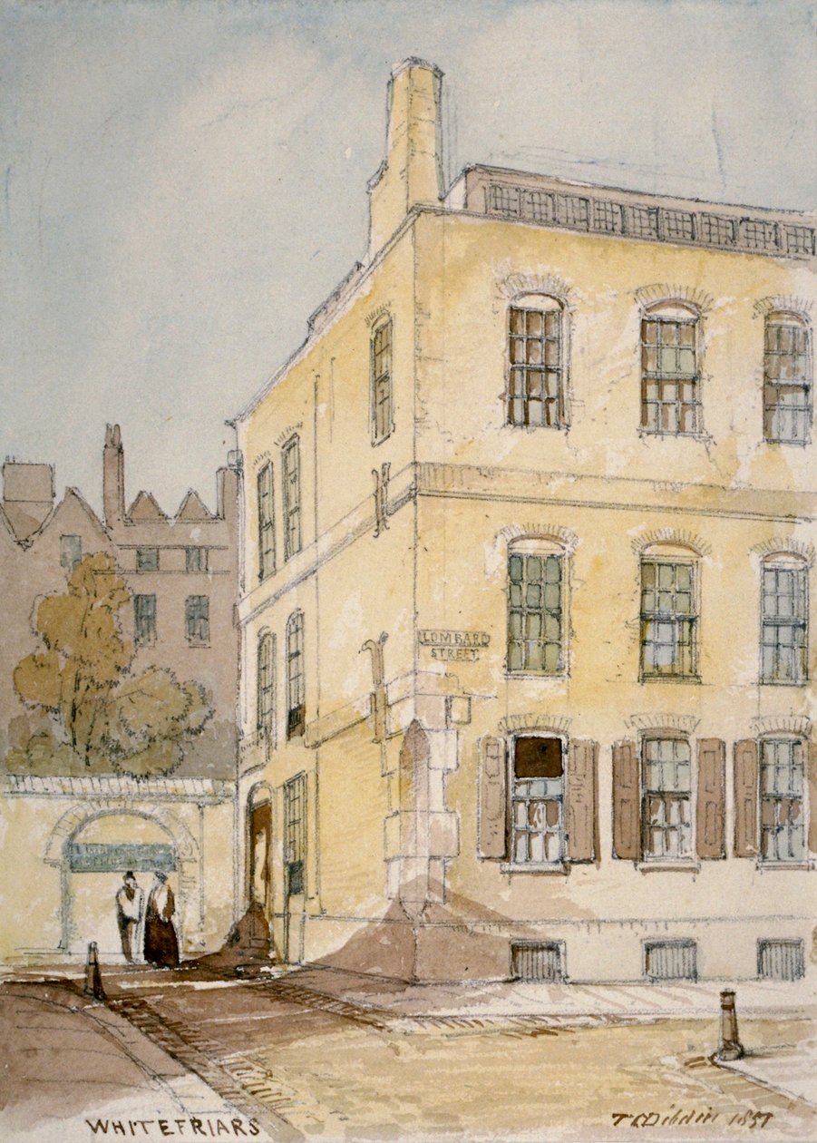 منظر لـ Whitefriars يظهر زاوية شارع لومبارد ، مدينة لندن ، 1851. بواسطة توماس كولمان ديبدين