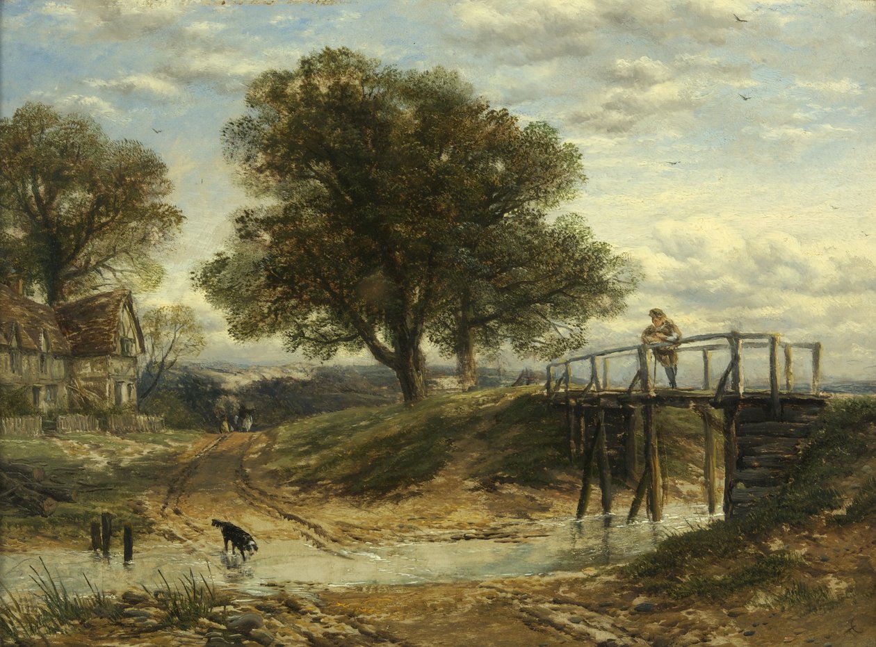 Landscape with Stream, Bridge and Cottage (oil on panel) بواسطة توماس كريسويك