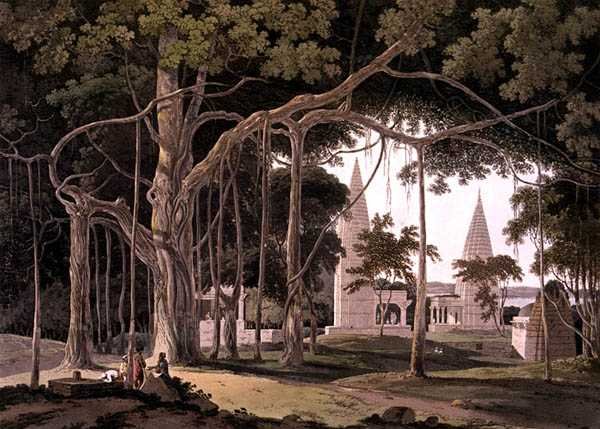 المعابد الهندوسية في Agouree ، على نهر Soane ، Bahar ، من "المشهد الشرقي: أربعة وعشرون منظرًا في Hindoostan" بواسطة توماس دانييل