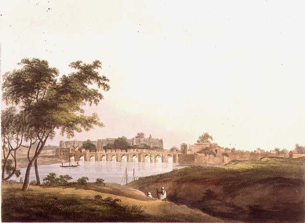الجسر في Juonpore ، البنغال ، نقش بواسطة حانة H. Merke (fl.1800-20). بواسطة إدوارد أورم (1774 - 1820) 1804 (ليثو) بواسطة توماس دانييل