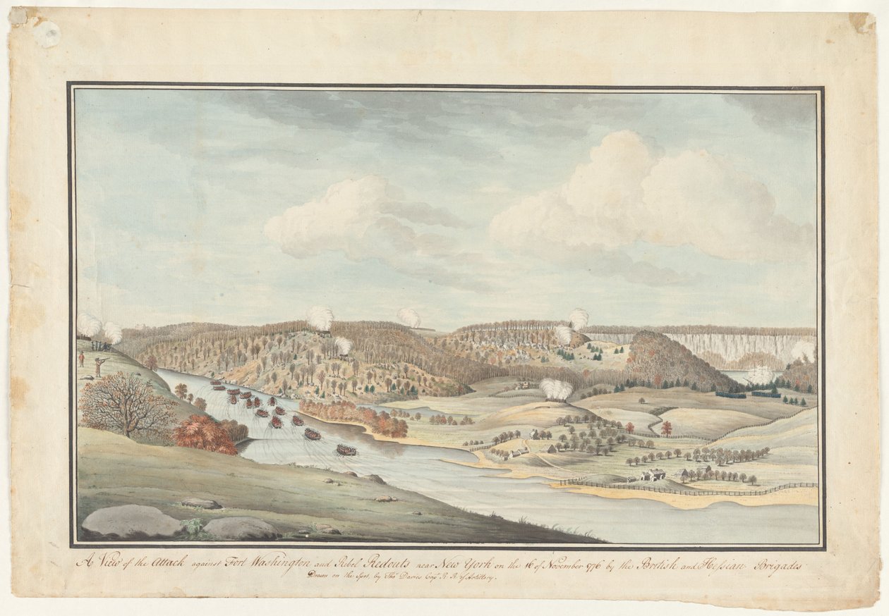 هجوم على حصن واشنطن، حوالي 1776-1812 (لوحة مائية) بواسطة توماس ديفيز